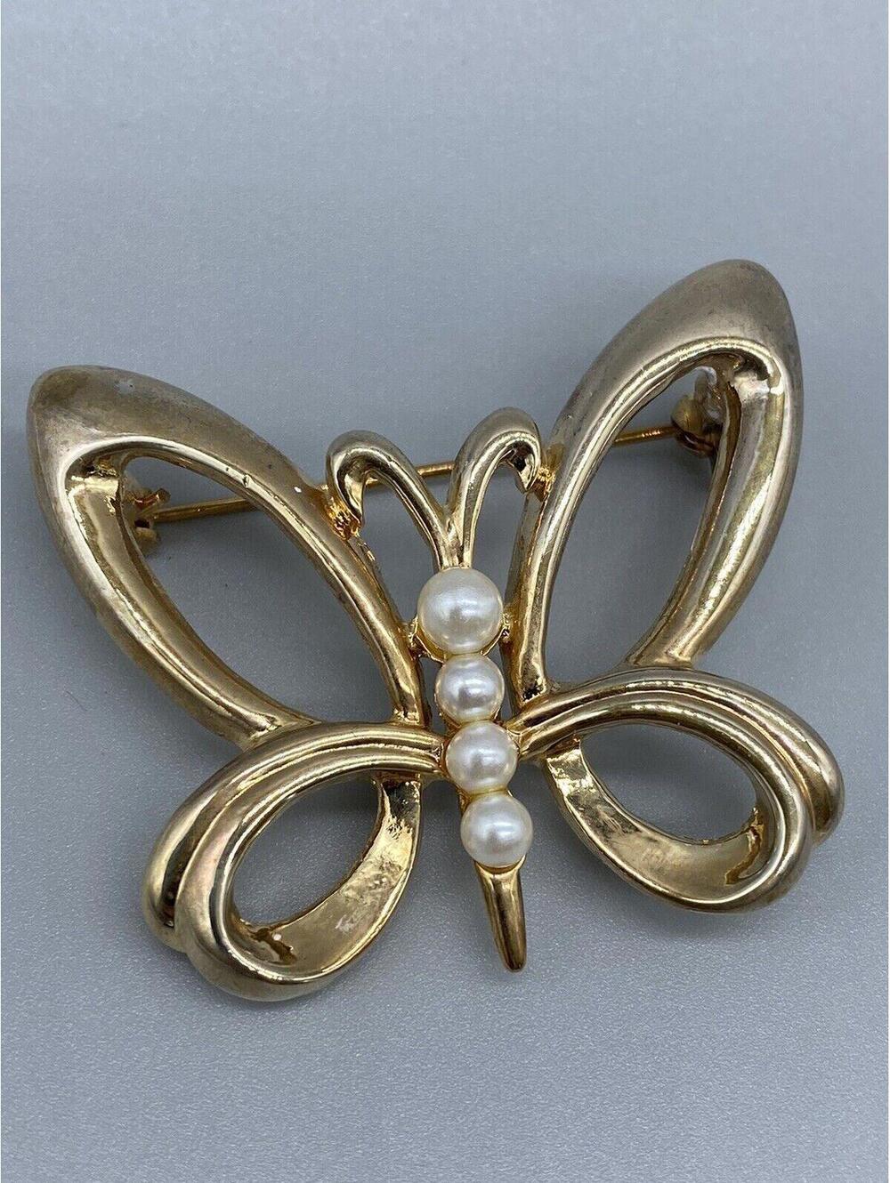 STUNNING VINTAGE GOLD TONE BUTTERFLY PEARL PIN BROOCH